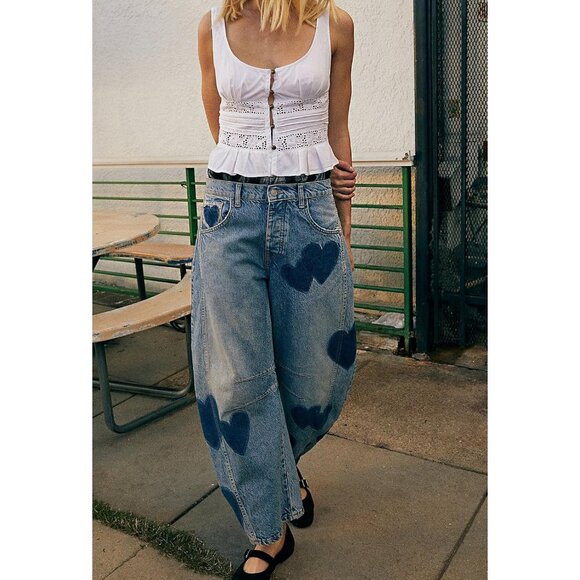 Women's Printed Baggy Jeans Mid Rise Wide Leg Tapered Stretch Casual - Picture 3 of 5